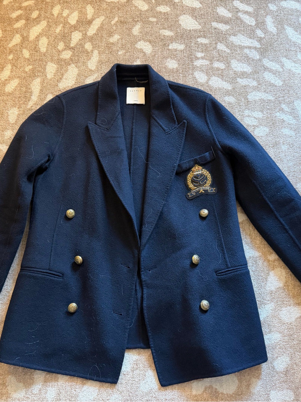 Sandro NEVER WORN Navy Double-Breasted Blazer with Gold Buttons and Crest
